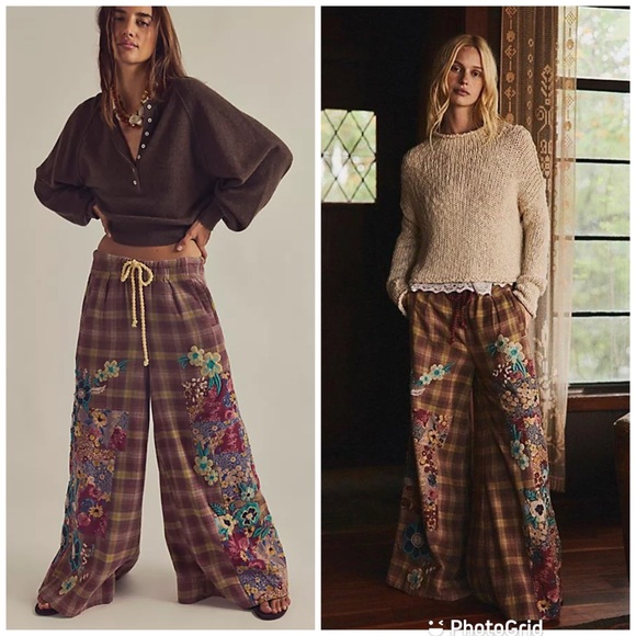 Free People Pants - Free People Brooks Embroidered Wide-Leg Patchwork Pants Green Combo